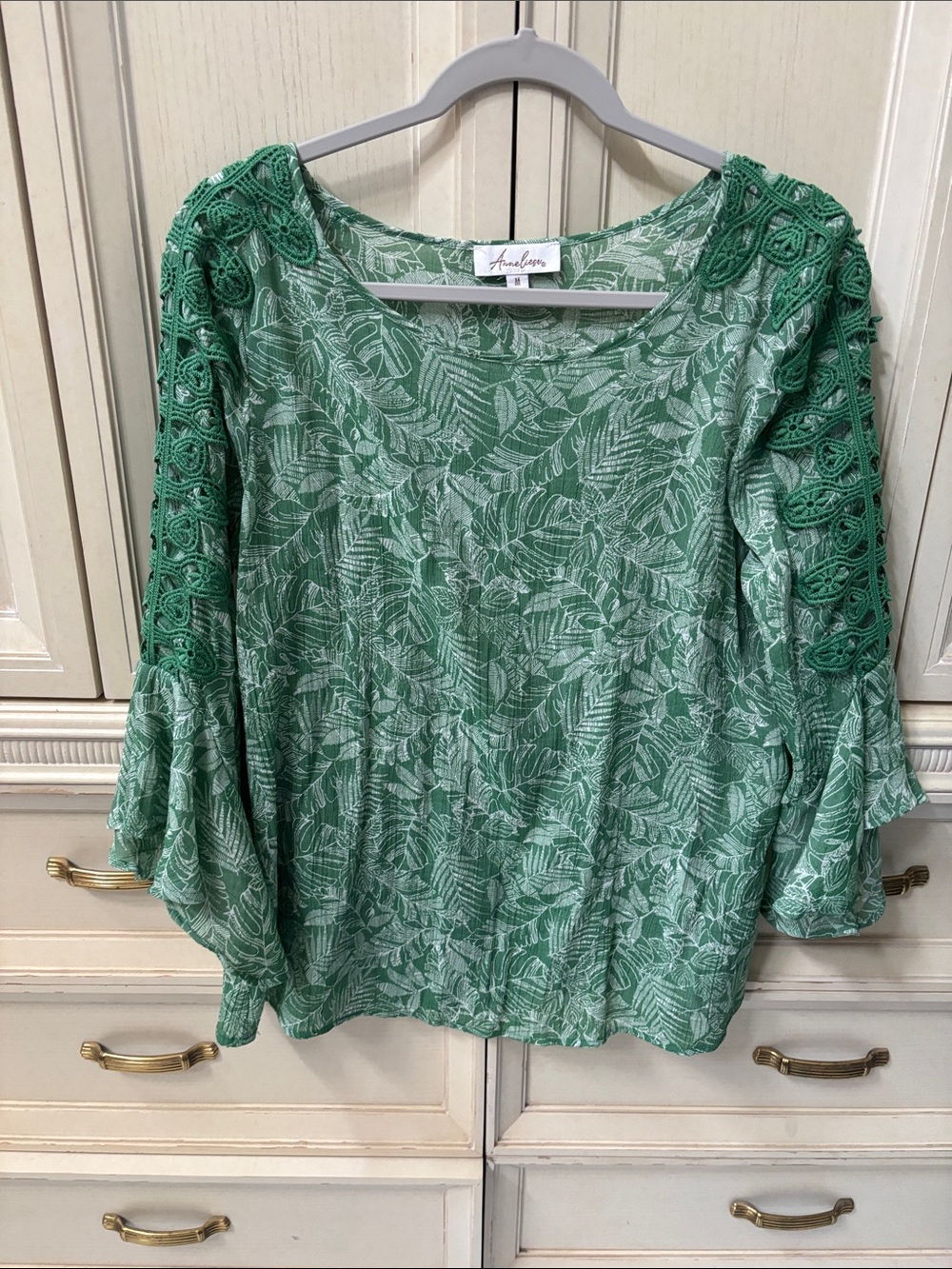 Ariella Green Leaf-Print Crochet Sleeve Blouse